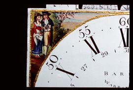 Unknown maker, Manchester: Arched with moon dial (corner detail) / Clockmaker: Barker, Wigan Warrington