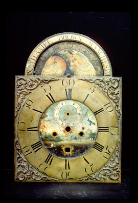 Unknown maker, Manchester: Brass arched moon dial (before restoration) / Clockmaker: Nathaniel Brown, Manchester