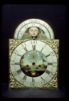 Unknown maker, Manchester: Brass arched moon dial (after restoration) / Clockmaker: Nathaniel Brown, Manchester
